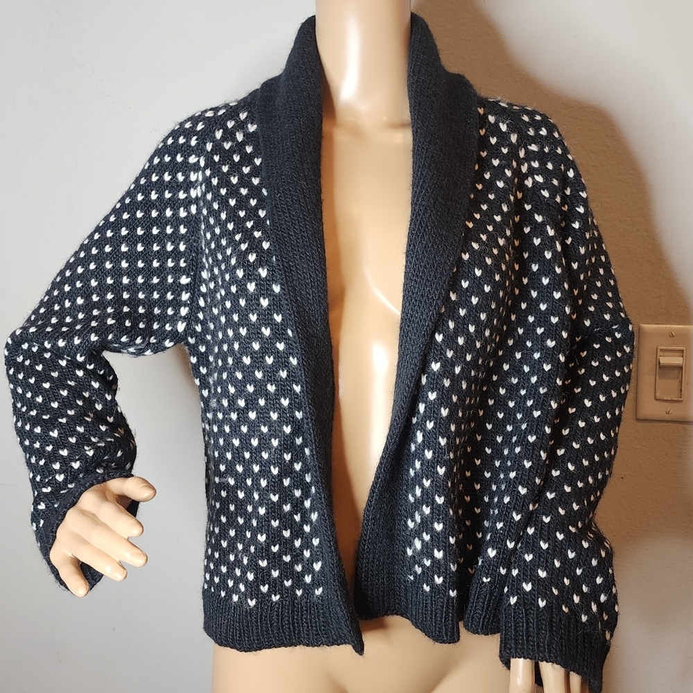 THE GREAT. Black/Dark Navy and White Knit Open-Front Cardigan